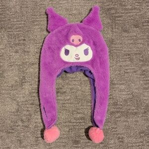 Sanrio Kuromi Tassle Pom Purple Pink Fleece Lined Plush Fuzzy Beanie Hat